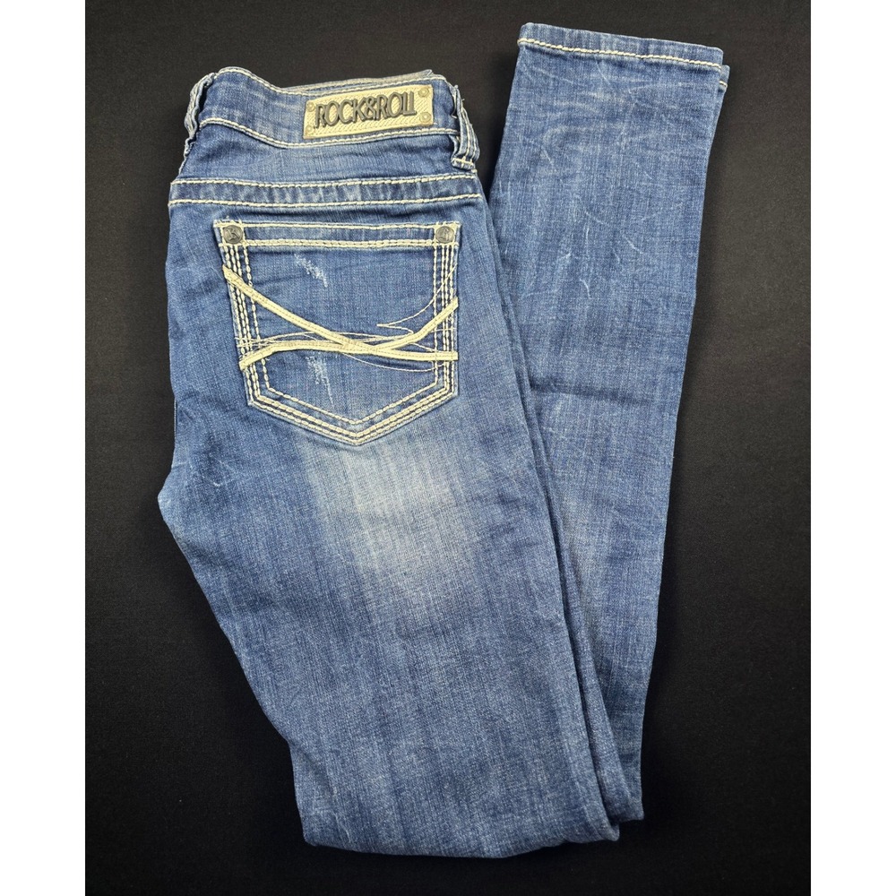 Rock and Roll Cowgirl Skinny Jeans Medium Wash Thick Stitch W0S9495 29x34